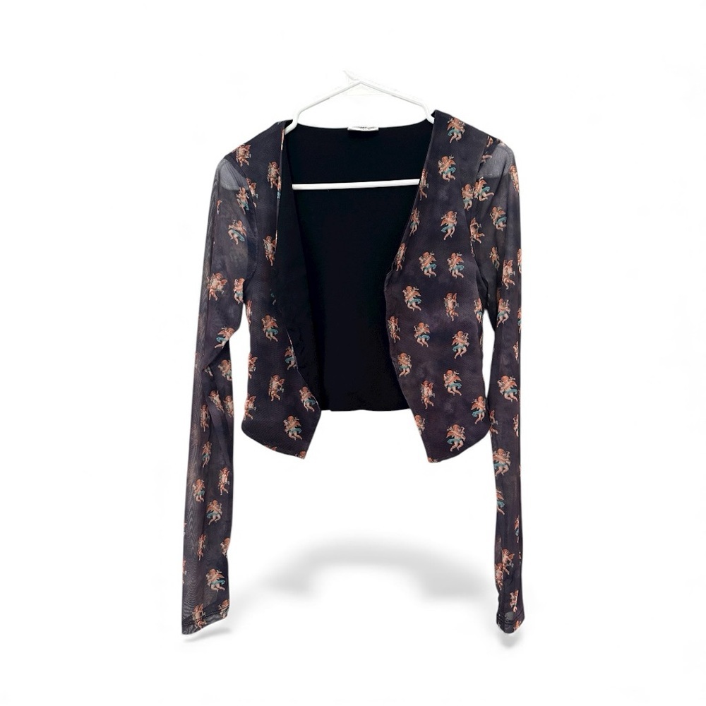 Noisy May Black Cherub Print Sheer Cropped Open Cardigan Size Small Y2K Vibes